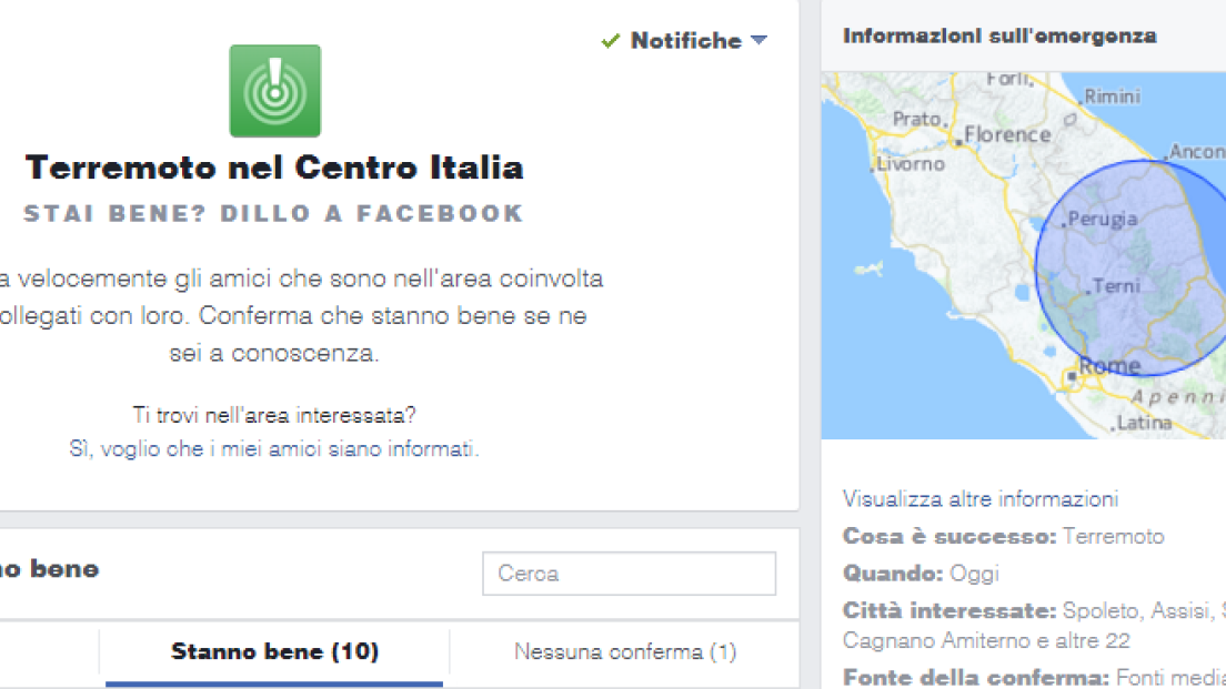 #Terremoto: I numeri utili. Facebook attiva il Safety Check